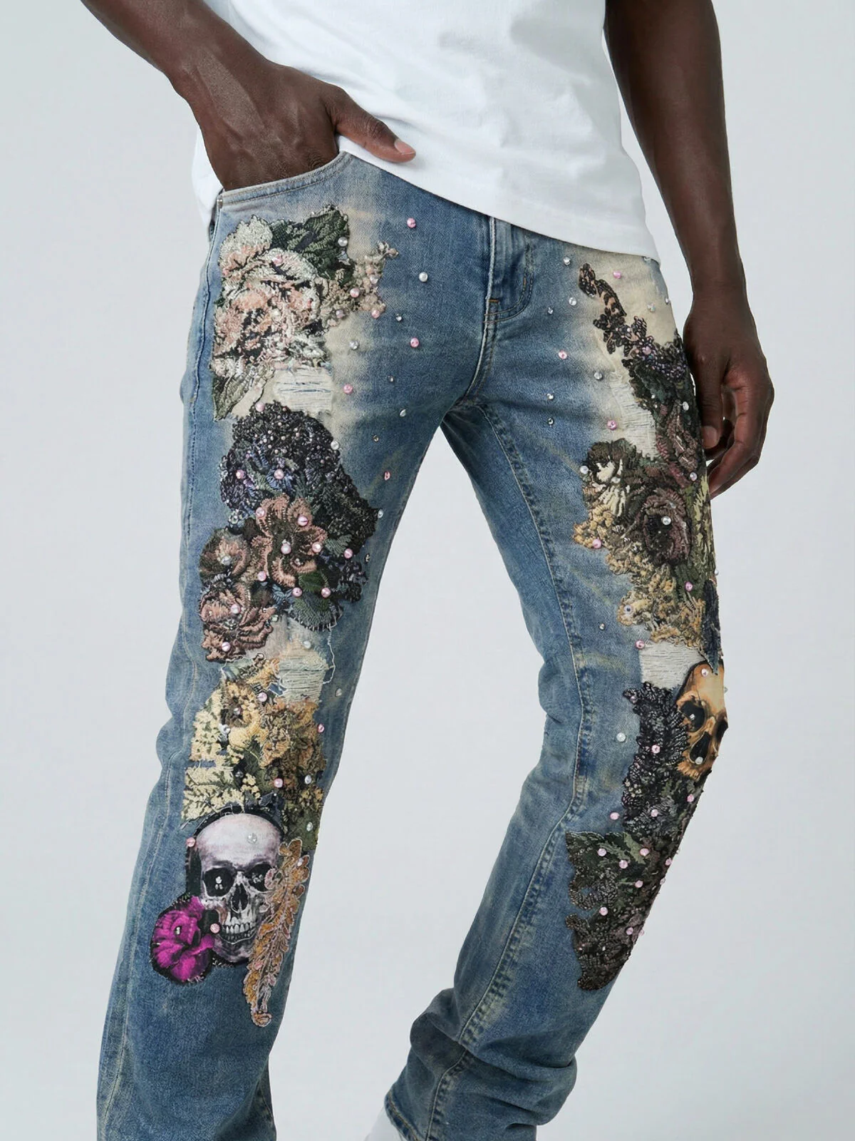 W by Waimea Men's Stacked Fit Jean With Skull & Floral Embroidery - Image 4